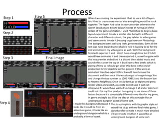 ProcessStep 1
Step 2
Step 3
Step 4
Step 5
Final Image
This is as simplistic with its graphic style as I
would like to go with my final video game, I
would prefer to make it much more detailed,
if I were to do this then it would be an
underground dungeon of some sort.
I made this background because it
looks like it could be from an
adventure game, it looks like an
underground dungeon which is a
probably a form of quest.
When I was making the experiment I had to use a lot of layers.
And I had to create new ones or else everything would be stuck
together. The layers had to be in a certain order otherwise the
screen could all just be one colour instead of having all of the
details of the game animation. I used Photoshop to deign a basic
layout experiment. I made a similar idea but with a different
character and different colours, the grey relates to video games
and seems eerie. I made it by using large boxes on Photoshop.
The background went well and looks pretty realistic. Even all the
text was hand drawn by me which is how it is going to be for the
end animation in my video game as well. With the background
finished I exported it and I didn’t have enough time but if I did I
would have animated it and then exported it, as well as gone with
this into premier and edited it a bit and then added music and
sound effects over the top of it but I have a few weeks which is
plenty of time so I should get all of this done in the end of
production for my deadline on this project. If this were an
animation then too export it first I would have to save the
document and then once this was done go to Image>Image Size
and change the top number to 1080 PIXELS and the bottom box
to Nearest Neighbour. Once this is done go to export and press
render video and export, as a note do not save it just exit
otherwise if I would have wanted to change it at a later date ten I
could not. For my final product I am going to use some of these
factors because it is completely different to my idea for my game,
In genre and style but I like the idea of this as maybe like an
underground dungeon quest of some sort.
 