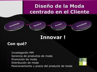 Con qué?
 Investigación MM
 Gerencia de productos de moda
 Promoción de moda
 Distribución de moda
 Posicionamiento y precio del producto de moda
 