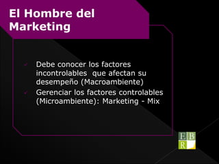  Debe conocer los factores
incontrolables que afectan su
desempeño (Macroambiente)
 Gerenciar los factores controlables
(Microambiente): Marketing - Mix
El Hombre del
Marketing
 