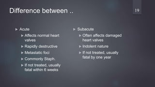 Difference between ..
 Acute
 Affects normal heart
valves
 Rapidly destructive
 Metastatic foci
 Commonly Staph.
 If not treated, usually
fatal within 6 weeks
 Subacute
 Often affects damaged
heart valves
 Indolent nature
 If not treated, usually
fatal by one year
19
 