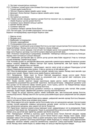 5. Экстракт-концентратын эзэлхүүн
/131./ Ургамлын түүхий эдээс усан ялгамал бэлтгэхэд ямар шинж чанарыг тооцох ёстой вэ?
1. Түүхий эдийн эсийн бүтэц
2. Үйлчлэгч бодисын физик химийн шинж чанар
3. Дагалдагч болон балласт бодисын физик химийн шинж чанар
4. Шүүх арга
5. Экстрагентын эзэлхүүн
/132./ Эмийн сангийн нөхцөлд тарилгын уусмал бэлтгэх технологт аль нь хамаарах вэ?
1. Эмийн бодисыг уусгаж уусмал бэлтгэх
2. Уусмалыг шүүж, механик хольцыг шалгах
3. Шилийг бөглөж хаяглах
4. Уусмалыг ариутгах
5. Уусмалын чанарыг шалгаж бэлэн болгох
/133./ Хүчтэй суурь, сул хүчлийн үлдэгдлээс тогтсон эмийн
бодисыг тогтворжуулахад хэрэглэгддэг бодисыг заах
1. Давсны хүчил
2. Натрийн шүлт
3. Вейбелийн тогтворжуулагч
4. Натрийн гидрокарбонат
5. Этилендиаминтетра-цууны хүчил
/134./ Ургамлын түүхий эдээс усан ялгамал бэлтгэх нь экстракт концентратаас бэлтгэснээс илүү сайн
чанартай байдаг. Яагаад гэвэл үйлчлэгч бодиснь гүйцэд ялгардаг.
/135./ Уусгагчийг сонгон авахдаа «төстэй зүйл төстэйдөө» уусна гэсэн дүрмийг баримтална. Иймээс
ямар нэгэн бодисыг уусгахад түүнтэй бүтцээрээ ойролцоо уусгагчийг авна.
/136./ Этанолын концентрацыг сулруулахад холимгийн температур нэмэгдэж эзэлхүүн нь багасдаг.
Яагаад гэвэл контракцын үзэгдэл явагддаг.
/137./ Хөвмөлийн дисперсийн фаз нь шингэн дотор үргэлж хөвж байж чаддаггүй. Учир нь таталцах
хүчний нөлөөгөөр сидментацад ордог.
/138./ Коллойд уусмал нь дисперсийн фазынхаа ширхэгийн хэмжээгээрээ хөвмөл ба жинхэнэ уусмал
хоёрын хооронд байрлана. Иймээс нэвтэрч буй гэрэлд булингартай, ойж буй гэрэлд тунгалаг
харагддаг нэгэн төрлийн биш систем юм.
/139./ Камфор, фенилсалицилат, терпингидрат, ментол зэрэг устай үл нийцдэг бодисуудыг устай
нийцдэг бодисуудтай урьдчилан холино. Учир нь эдгээр нь устай нийцдэггүй
/140./ Жинтэй ажиллахдаа туухай ба жигнэх зүйлийг тавгийн голд тавина. Яагаад гэвэл жингийн зүүн
тавган дээр туухайг, баруун тавган дээр эмийн бодисыг хийж жигнэнэ.
/141./ Халууруулах бодис гэдэг нь бичил биетний амьдралын явцад үүссэн уураг болон
полисахаридууд юм. Халууруулах бодис нь дэгдэмхий учир усны ууртай хамт нэрэгдэж, усны
дусалтай хамт хөргөгчинд орж болох аюултай.
/142./ Эмийн сангийн практикт гадуур хэрэглэгдэх зарим шингэн эмийн хэлбэрийг бэлтгэхэд
дэгдэмхий ба дэгдэмхий биш уусгагчийг хэрэглэнэ. Эдгээр уусгагчидад найруулсан уусмалыг усан
биш уусмал гэх ба ихэвчлэн хамар чихний дусал, тосон түрхэц, шингэн тос байдалтайгаар гадуур
хэрэглэх, булчинд тарих,дотуур хэрэглэхээр бэлтгэнэ.
/143./ Шилэн шүүлтүүрээр шүүхэд уусмалын эзэлхүүн нь хорогддоггүй сайн талтай. Ийм учраас
алкалоид, будагч бодис, ферментийн уусмалыг шүүхэд хэрэглэж болохгүй.
/144./ Гадуур ба дотуур хэрэглэх шингэн эмийн хэлбэрийг жин, жин-эзэлхүүний аргаар бэлтгэж,
эзэлхүүнээролгоно. Яагаад гэвэл5% ба түүнээс дээшэмийн бодис орсон цийдмэгийг аагтай цийдмэг
гэнэ.
/145./ 5% ба түүнээс дээшэмийн бодис орсон хөвмөл, цийдмэгийг жингийн аргаар бэлтгэнэ.Хандмал,
шингэн экстрактыг бэлэн усан ялгамал дээр нэмнэ.
/146./ Жигд ширхэгтэй нэгэн төрлийн нунтаг бэлтгэхийн тулд нэг шигшүүрээр шигшиж том хэсгүүдээс
салгаад түүнийг дараагийн номерын шигшүүрээр шигшиж жижиг хэсгээс нь салгана.Яагаад гэвэл
ганц шигшүүрээр шигшихэд жигд ширхэгтэй нунтаг болдоггүй.
/147./ Ариутгасан тарилгын нэрмэл усанд тавигддаг чухал шаардлагуудын нэг нь халууруулах бодис
агуулаагүй байх явдал юм. Халууруулах бодис нь дэгдэмхий биш учир усны ууртай хамт нэрэгдэхгүй
боловч усны дусалтай хамт хөргөгчид дамжин орж болох аюултай.
/148./ Температурыг 50-60оС-д хүргэхэд уураг бүлэгнэж ихэнх бичил биетний амьдрах чадвар
алдагдаж 100оС-д ойртоход ихэнх эмгэг үүсгэгч бичил биетэн үхдэг. Яагаад гэвэл зарим вирус
(халдварт шарын) ба үсэнцрүүд 100оС-д удаан хугацааны турш тэсвэртэй байх чадвартай байдаг
/149./ Тарилгын уусмалыг бэлтгэхэд хэрэглэгддэг эмийн бодисууд нь чанарын хувьд фармакопейн
шаардлага хангасан химийн цэвэр ба шинжилгээнд зориулсан цэвэр зэрэглэлийн бодисууд байх
ёстой. Яагаад гэвэл эмийн бодис нь заавал ямар нэг хольцыг өөртөө агуулсан байдаг.
 