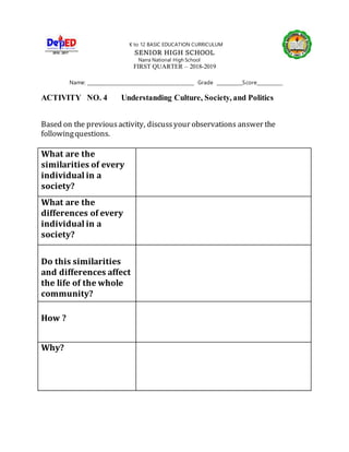 K to 12 BASIC EDUCATION CURRICULUM
SENIOR HIGH SCHOOL
Narra National High School
FIRST QUARTER – 2018-2019
Name: ______________________________________________ Grade ____________Score___________
ACTIVITY NO. 4 Understanding Culture, Society, and Politics
Based on the previousactivity, discussyour observations answer the
followingquestions.
What are the
similarities of every
individual in a
society?
What are the
differences of every
individual in a
society?
Do this similarities
and differences affect
the life of the whole
community?
How ?
Why?
 