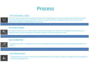 Process
This tool is used to create more intricate selected areas than simple squares or circles, allowing the user to isolate assets that
may otherwise be hard to separate otherwise. There is no upper limit to how many edges or corners that can be created,
allowing for incredibly convoluted designs in some cases.
THE POLYGONAL LASSO
THE MAGIC WAND
By using this tool, the user can select a large area that shares a single colour and alter it accordingly. This saves time by not
having to draw out an area using other tools, which could wear out the user’s patience or time.
THE EYEDROPPER
By clicking on a colour, it changes the colour in use to what has just been selected, saving time searching through the colour
wheel.
THE PAINT BUCKET
This tool lets the user to fill in a selected area completely with a colour, filling in any blanks that might be missed through the
more direct painting process.
 