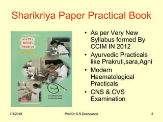 7/3/2018 Prof.Dr.R.R.Deshpande 57/3/2018 Prof.Dr.R.R.Deshpande 5
Sharikriya Paper Practical Book
• As per Very New 
Syllabus formed By 
CCIM IN 2012
• Ayurvedic Practicals 
like Prakruti,sara,Agni
• Modern 
Haematological 
Practicals
• CNS & CVS 
Examination 
 