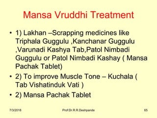 Mansa Vruddhi Treatment 
• 1) Lakhan –Scrapping medicines like 
Triphala Guggulu ,Kanchanar Guggulu 
,Varunadi Kashya Tab,Patol Nimbadi 
Guggulu or Patol Nimbadi Kashay ( Mansa 
Pachak Tablet) 
• 2) To improve Muscle Tone – Kuchala ( 
Tab Vishatinduk Vati ) 
• 2) Mansa Pachak Tablet 
7/3/2018 Prof.Dr.R.R.Deshpande 65
 