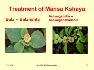 Treatment of Mansa Kshaya
Bala -- Balarishta
Ashwagandha --
Ashwagandharishta
7/3/2018 Prof.Dr.R.R.Deshpande 72
 