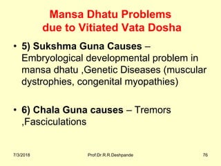 Mansa Dhatu Problems
due to Vitiated Vata Dosha
• 5) Sukshma Guna Causes – 
Embryological developmental problem in 
mansa dhatu ,Genetic Diseases (muscular 
dystrophies, congenital myopathies)
• 6) Chala Guna causes – Tremors 
,Fasciculations
7/3/2018 Prof.Dr.R.R.Deshpande 76
 