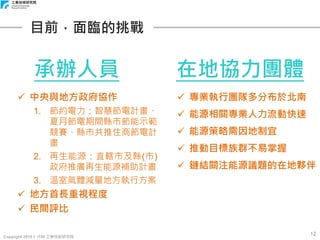Copyright 2018 © ITRI 工業技術研究院
12
目前，面臨的挑戰
承辦人員 在地協力團體
 專業執行團隊多分布於北南
 能源相關專業人力流動快速
 能源策略需因地制宜
 推動目標族群不易掌握
 鏈結關注能源議題的在地夥伴
 中央與地方政府協作
1. 節約電力：智慧節電計畫、
夏月節電期間縣市節能示範
競賽、縣市共推住商節電計
畫
2. 再生能源：直轄市及縣(市)
政府推廣再生能源補助計畫
3. 溫室氣體減量地方執行方案
 地方首長重視程度
 民間評比
 