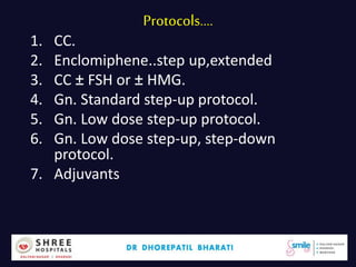 Protocols….
1. CC.
2. Enclomiphene..step up,extended
3. CC ± FSH or ± HMG.
4. Gn. Standard step-up protocol.
5. Gn. Low dose step-up protocol.
6. Gn. Low dose step-up, step-down
protocol.
7. Adjuvants
Dr.Bharati Dhorepatil 26
 