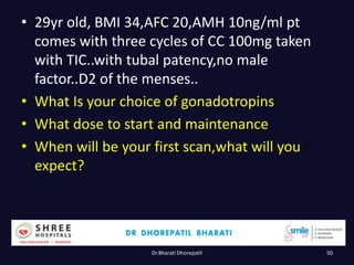 • 29yr old, BMI 34,AFC 20,AMH 10ng/ml pt
comes with three cycles of CC 100mg taken
with TIC..with tubal patency,no male
factor..D2 of the menses..
• What Is your choice of gonadotropins
• What dose to start and maintenance
• When will be your first scan,what will you
expect?
Dr.Bharati Dhorepatil 50
 