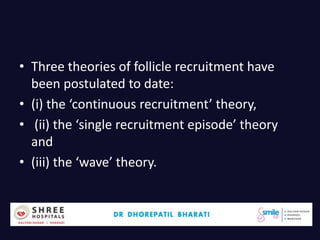 • Three theories of follicle recruitment have
been postulated to date:
• (i) the ‘continuous recruitment’ theory,
• (ii) the ‘single recruitment episode’ theory
and
• (iii) the ‘wave’ theory.
 