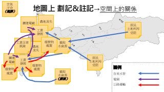 地圖上 劃記&註記→空間上的關係
截取
水資源
原民
土地利用
受限
原民
土地利用
受限
農地流失
農地
流失
工業災害
風險
擴建電廠
工業
發展
擴建
電廠
廢棄物
處置
空氣
汙染
（高屏）
截取
水資源
（屏東）
廢棄物
處置
廢棄物
處置
工業
發展
圖例
自來水管
電網
公路運輸
 