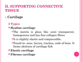 II. SUPPORTING CONNECTIVE
TISSUE
1. Cartilage
3 Types:
Hyaline cartilage
The matrix is glass like semi transparent,
homogenous and has fine collagen fibres
It is slightly elastic and compressible.
Found in- nose, larynx, trachea, ends of bone. It
forms skeleton of cartilage fish
Elastic cartilage
Fibrous cartilage
 