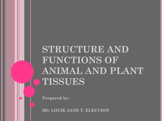 STRUCTURE AND
FUNCTIONS OF
ANIMAL AND PLANT
TISSUES
Prepared by:
MS. LOUIE JANE T. ELECCION
 