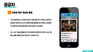 새로운 홍보 채널로 활용
• 기존 점포에서는 수익성이 높은 단체손님을 받기 위해서 오프라인
영업에 의존하거나 인적 네트워크를 활용했다면 현재는 스마트폰
의 보급으로 온라인을 통해서 점포 홍보가 가능해짐
• VR, AR 기능을 활용하여 직접 매장에 방문하지 않아도 시설, 룸,
메뉴 등을 생동감있게 확인할 수 있도록 구성
설정 경매0000
지역 카테고리 정렬
목촌 삼겹살
매장 둘러보기(VR) Click
메뉴 확인하기 Click
사장님의 한마디 Click
공급자
Page 62
 