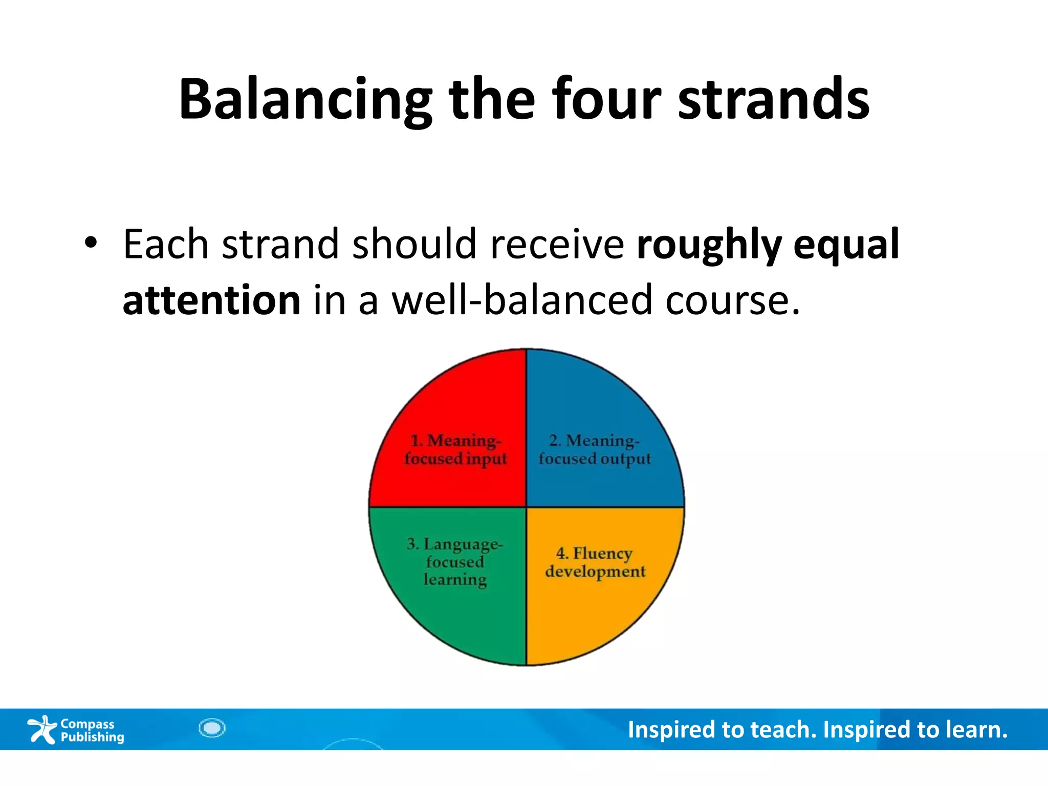 Inspired to teach. Inspired to learn.
Balancing the four strands
• Each strand should receive roughly equal
attention in a well-balanced course.
 