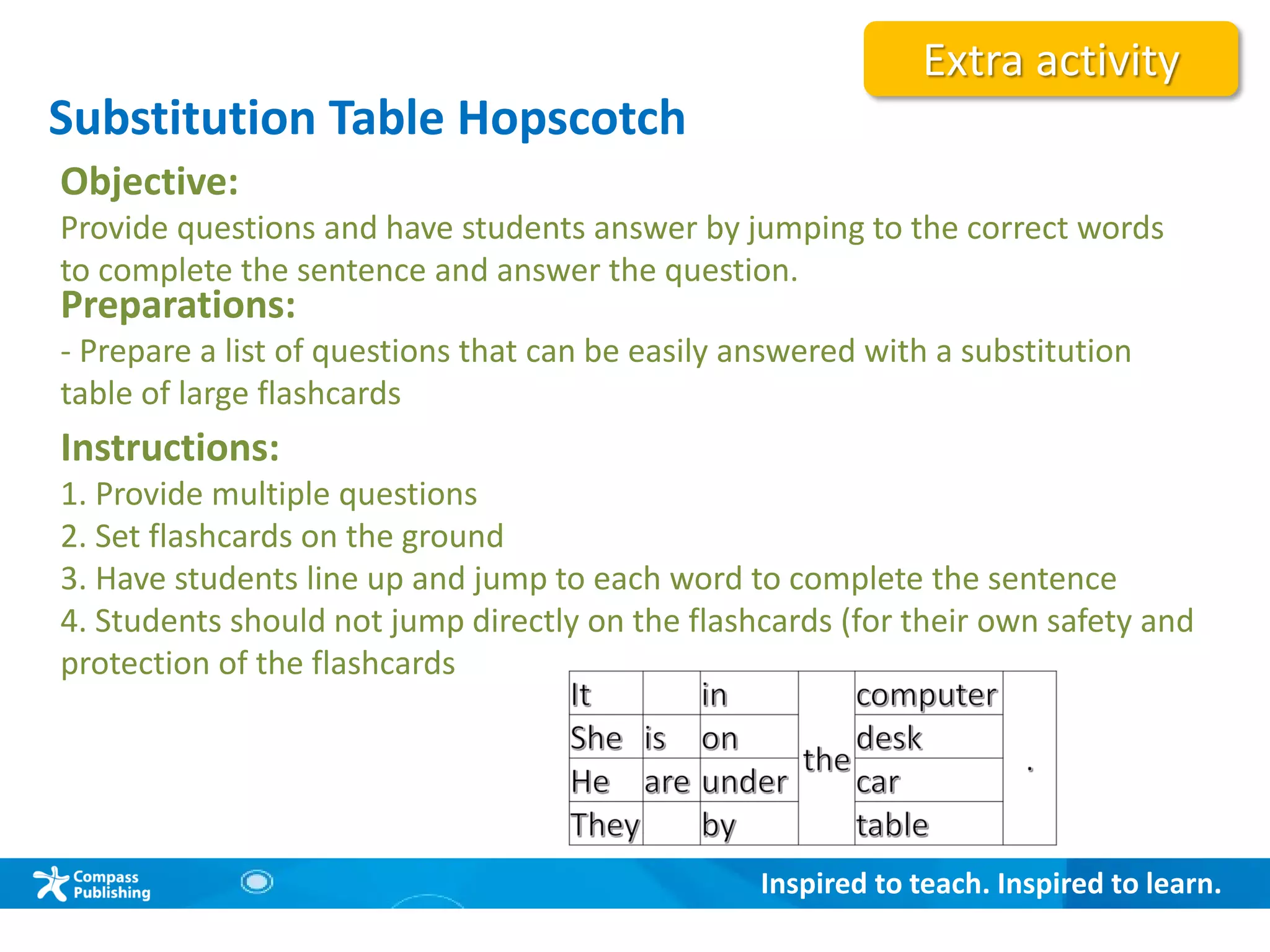 Inspired to teach. Inspired to learn.
Group Warm-up
Substitution Table Hopscotch
Objective:
Provide questions and have students answer by jumping to the correct words
to complete the sentence and answer the question.
Instructions:
1. Provide multiple questions
2. Set flashcards on the ground
3. Have students line up and jump to each word to complete the sentence
4. Students should not jump directly on the flashcards (for their own safety and
protection of the flashcards
Preparations:
- Prepare a list of questions that can be easily answered with a substitution
table of large flashcards
Extra activity
 
