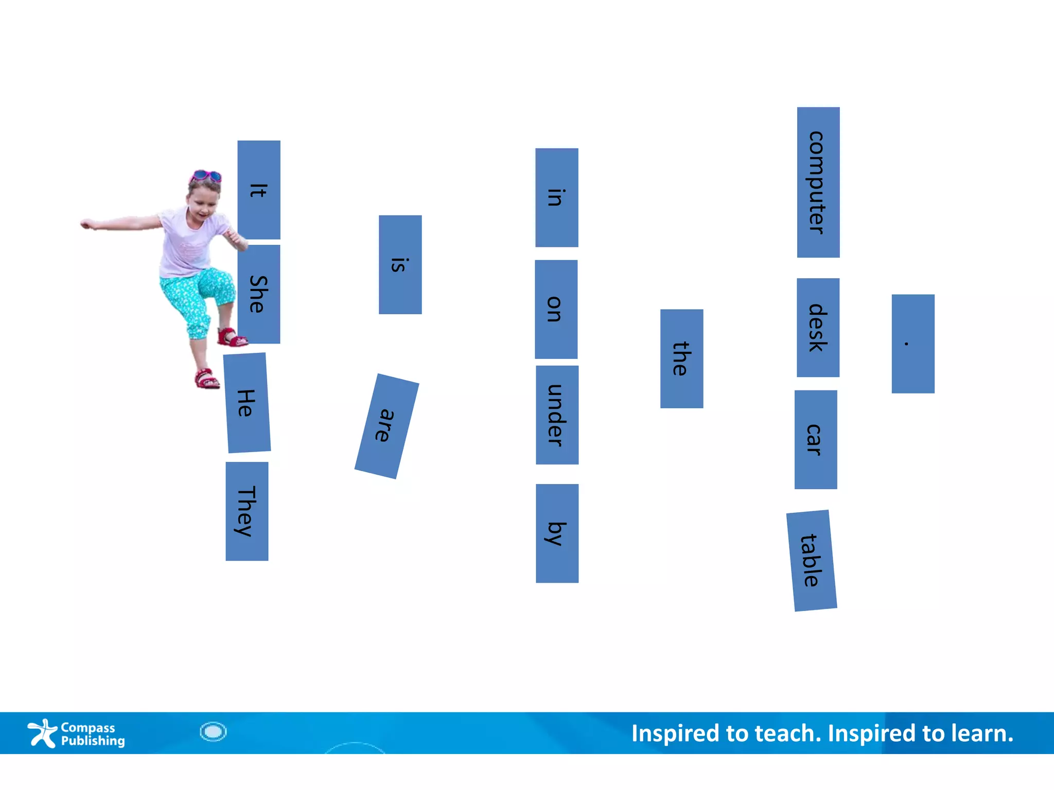 Inspired to teach. Inspired to learn.
Group Warm-up
ItSheThey
is
inonunderby
the
computerdeskcar
.
 