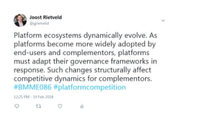Platforms as regulators
• As platforms grow their user-bases and stock of “killer-apps” over
time, they become increasingl...