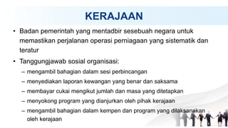 KERAJAAN
• Badan pemerintah yang mentadbir sesebuah negara untuk
memastikan perjalanan operasi perniagaan yang sistematik dan
teratur
• Tanggungjawab sosial organisasi:
– mengambil bahagian dalam sesi perbincangan
– menyediakan laporan kewangan yang benar dan saksama
– membayar cukai mengikut jumlah dan masa yang ditetapkan
– menyokong program yang dianjurkan oleh pihak kerajaan
– mengambil bahagian dalam kempen dan program yang dilaksanakan
oleh kerajaan
 