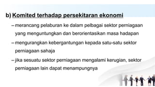 b) Komited terhadap persekitaran ekonomi
– merancang pelaburan ke dalam pelbagai sektor perniagaan
yang menguntungkan dan berorientasikan masa hadapan
– mengurangkan kebergantungan kepada satu-satu sektor
perniagaan sahaja
– jika sesuatu sektor perniagaan mengalami kerugian, sektor
perniagaan lain dapat menampungnya
 