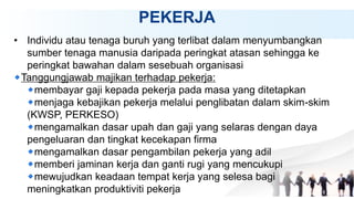 PEKERJA
• Individu atau tenaga buruh yang terlibat dalam menyumbangkan
sumber tenaga manusia daripada peringkat atasan sehingga ke
peringkat bawahan dalam sesebuah organisasi
Tanggungjawab majikan terhadap pekerja:
membayar gaji kepada pekerja pada masa yang ditetapkan
menjaga kebajikan pekerja melalui penglibatan dalam skim-skim
(KWSP, PERKESO)
mengamalkan dasar upah dan gaji yang selaras dengan daya
pengeluaran dan tingkat kecekapan firma
mengamalkan dasar pengambilan pekerja yang adil
memberi jaminan kerja dan ganti rugi yang mencukupi
mewujudkan keadaan tempat kerja yang selesa bagi
meningkatkan produktiviti pekerja
 