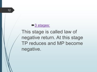 3 stages:
This stage is called law of
negative return. At this stage
TP reduces and MP become
negative.
12
 
