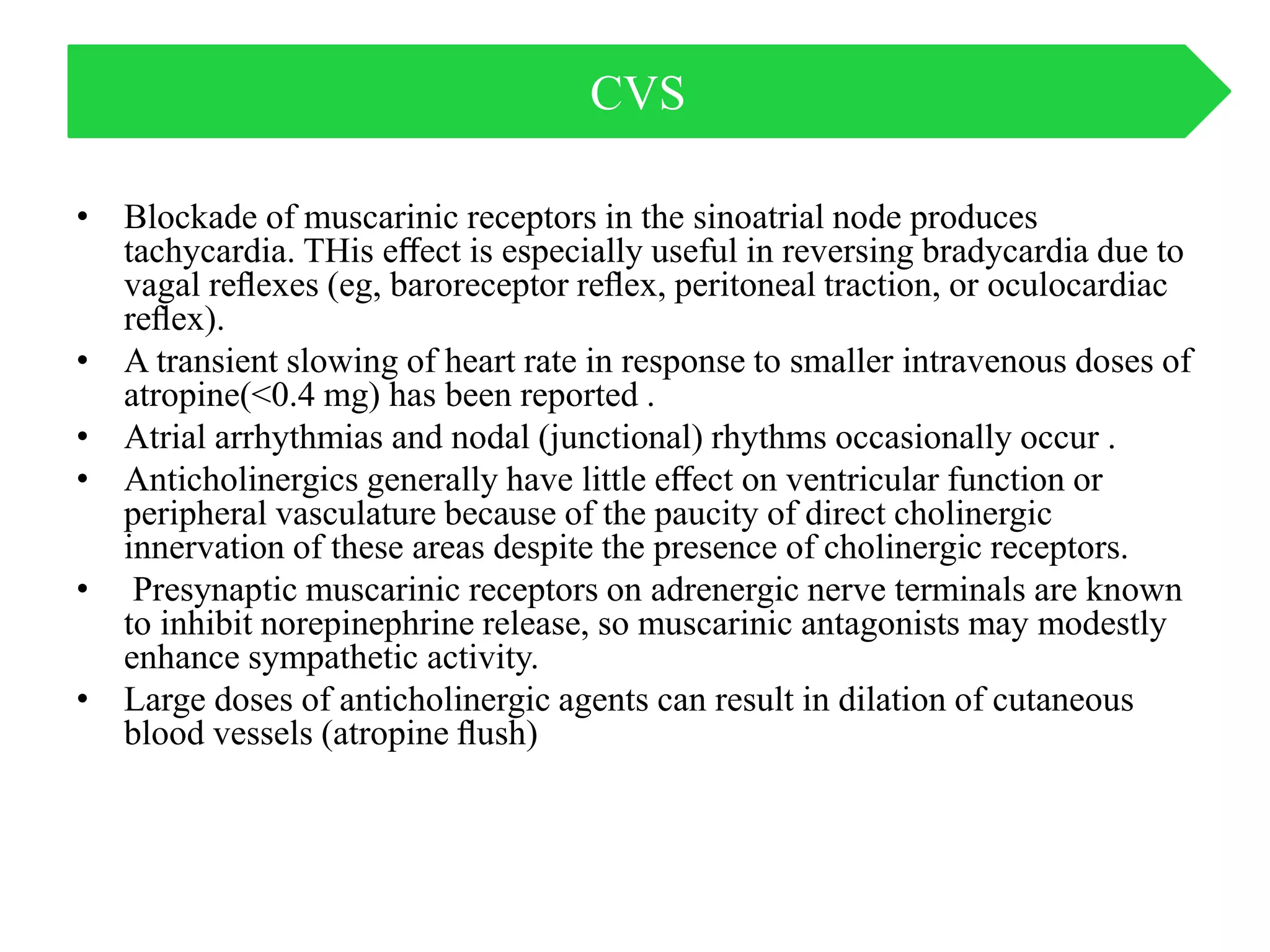 • Blockade of muscarinic receptors in the sinoatrial node produces
tachycardia. THis eﬀect is especially useful in reversing bradycardia due to
vagal reﬂexes (eg, baroreceptor reﬂex, peritoneal traction, or oculocardiac
reﬂex).
• A transient slowing of heart rate in response to smaller intravenous doses of
atropine(<0.4 mg) has been reported .
• Atrial arrhythmias and nodal (junctional) rhythms occasionally occur .
• Anticholinergics generally have little eﬀect on ventricular function or
peripheral vasculature because of the paucity of direct cholinergic
innervation of these areas despite the presence of cholinergic receptors.
• Presynaptic muscarinic receptors on adrenergic nerve terminals are known
to inhibit norepinephrine release, so muscarinic antagonists may modestly
enhance sympathetic activity.
• Large doses of anticholinergic agents can result in dilation of cutaneous
blood vessels (atropine ﬂush)
CVS
 