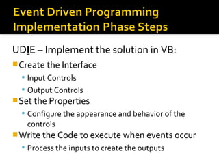 UDIE – Implement the solution in VB:
Create the Interface
 Input Controls
 Output Controls
Set the Properties
 Configure the appearance and behavior of the
controls
Write the Code to execute when events occur
 Process the inputs to create the outputs
 