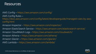© 2018, Amazon Web Services, Inc. or its Affiliates. All rights reserved.
Resources
AWS Config – https://aws.amazon.com/config/
AWS Config Rules –
https://docs.aws.amazon.com/config/latest/developerguide/managed-rules-by-aws-
config.html
Amazon Inspector - https://aws.amazon.com/inspector/
Amazon ElasticSearch Service - https://aws.amazon.com/elasticsearch-service/
Amazon CloudWatch Logs - https://aws.amazon.com/cloudwatch/
Amazon Athena – https://aws.amazon.com/athena/
Amazon Glacier – https://aws.amazon.com/glacier/
AWS Lambda – https://aws.amazon.com/lambda/
 