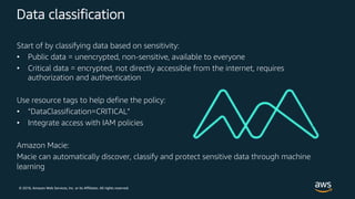 © 2018, Amazon Web Services, Inc. or its Affiliates. All rights reserved.
Data classification
Start of by classifying data based on sensitivity:
• Public data = unencrypted, non-sensitive, available to everyone
• Critical data = encrypted, not directly accessible from the internet, requires
authorization and authentication
Use resource tags to help define the policy:
• “DataClassification=CRITICAL”
• Integrate access with IAM policies
Amazon Macie:
Macie can automatically discover, classify and protect sensitive data through machine
learning
 