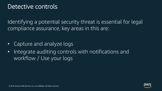 © 2018, Amazon Web Services, Inc. or its Affiliates. All rights reserved.
Detective controls
Identifying a potential security threat is essential for legal
compliance assurance, key areas in this are:
• Capture and analyze logs
• Integrate auditing controls with notifications and
workflow / Use your logs
 