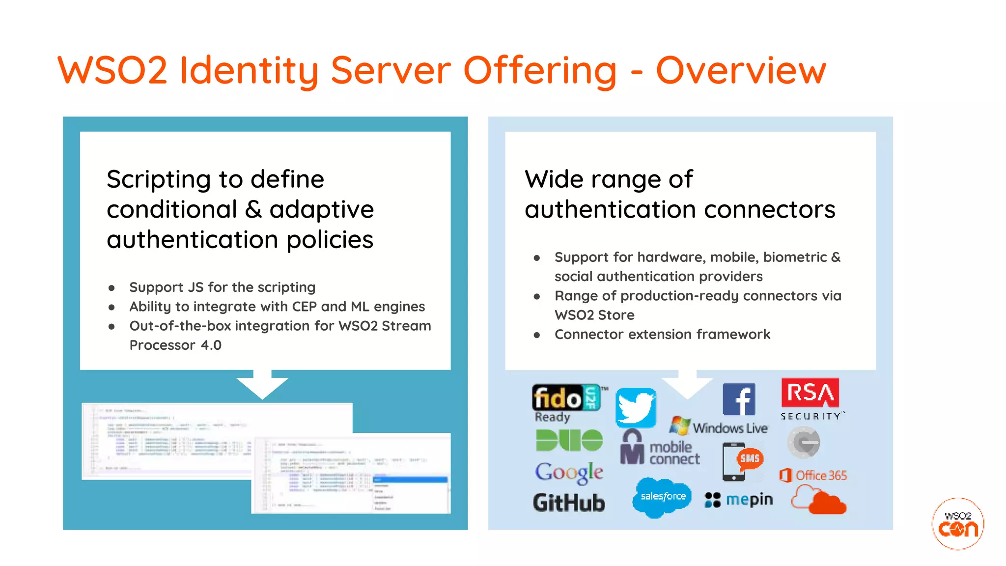 WSO2 Identity Server Offering - Overview
Scripting to define
conditional & adaptive
authentication policies
● Support JS for the scripting
● Ability to integrate with CEP and ML engines
● Out-of-the-box integration for WSO2 Stream
Processor 4.0
Wide range of
authentication connectors
● Support for hardware, mobile, biometric &
social authentication providers
● Range of production-ready connectors via
WSO2 Store
● Connector extension framework
 
