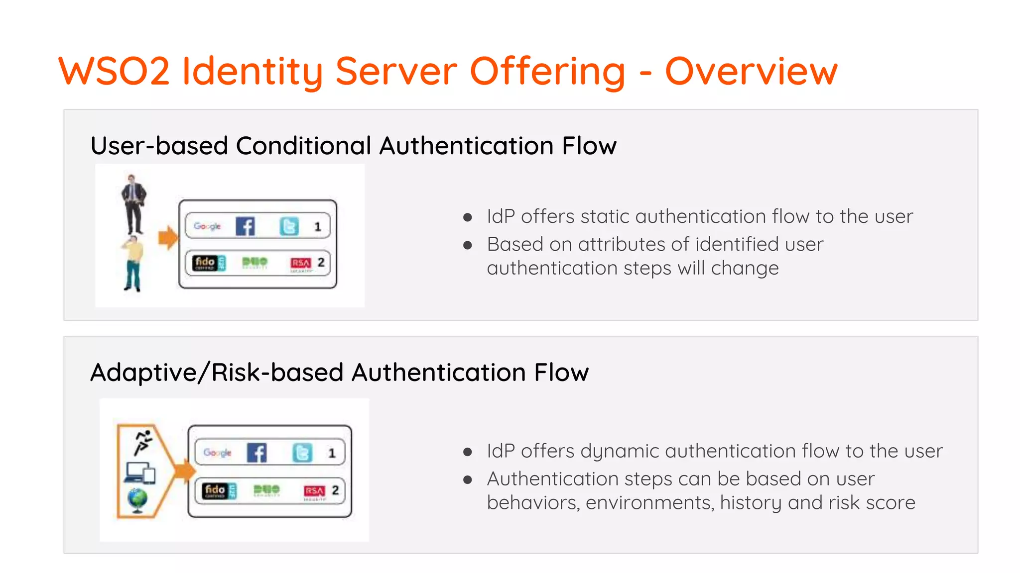 WSO2 Identity Server Offering - Overview
User-based Conditional Authentication Flow
● IdP offers static authentication flow to the user
● Based on attributes of identified user
authentication steps will change
Adaptive/Risk-based Authentication Flow
● IdP offers dynamic authentication flow to the user
● Authentication steps can be based on user
behaviors, environments, history and risk score
 