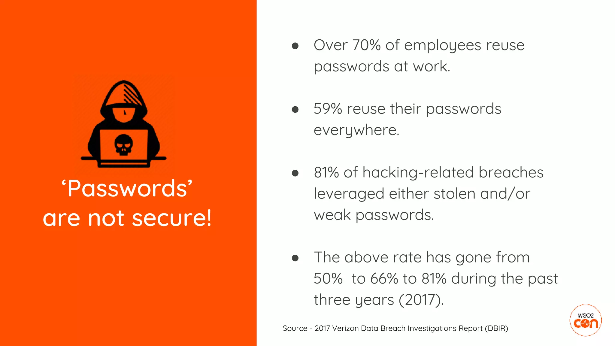 ‘Passwords’
are not secure!
● Over 70% of employees reuse
passwords at work.
● 59% reuse their passwords
everywhere.
● 81% of hacking-related breaches
leveraged either stolen and/or
weak passwords.
● The above rate has gone from
50% to 66% to 81% during the past
three years (2017).
Source - 2017 Verizon Data Breach Investigations Report (DBIR)
 