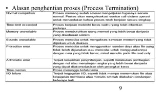 9
• Alasan penghentian proses (Process Termination)
 