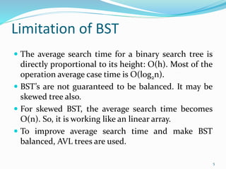 Limitation of BST
 The average search time for a binary search tree is
directly proportional to its height: O(h). Most of the
operation average case time is O(log2n).
 BST’s are not guaranteed to be balanced. It may be
skewed tree also.
 For skewed BST, the average search time becomes
O(n). So, it is working like an linear array.
 To improve average search time and make BST
balanced, AVL trees are used.
5
 