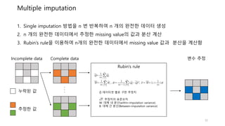 Multiple imputation
1. Single imputation 방법을 n 번 반복하여 n 개의 완전한 데이터 생성
2. n 개의 완전한 데이터에서 추정한 missing value의 값과 분산 계산
3. Rubin’s rule을 이용하여 n개의 완전한 데이터에서 missing value 값과 분산을 계산함
···
Incomplete data Complete data
누락된 값
추정한 값
변수 추정
Rubin’s rule
𝑄: 데이터셋 별로 구한 추정치
𝑇: 추정치의 표준오차
W: 대체 내 분산(within-imputation variance)
B: 대체 간 분산(Between-imputation variance)
32
 