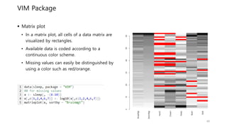 VIM Package
 Matrix plot
• In a matrix plot, all cells of a data matrix are
visualized by rectangles.
• Available data is coded according to a
continuous color scheme.
• Missing values can easily be distinguished by
using a color such as red/orange.
40
 