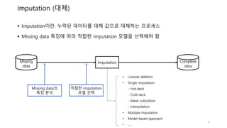 Imputation (대체)
 Imputation이란, 누락된 데이터를 대체 값으로 대체하는 프로세스
 Missing data 특징에 따라 적합한 imputation 모델을 선택해야 함
Missing
data
Complete
data
Imputation
• Listwise deletion
• Single imputation
- Hot-deck
- Cold-deck
- Mean substation
- Interpolation
• Multiple imputation
• Model based approach
• ….
Missing data의
특징 분석
적절한 imputation
모델 선택
9
 
