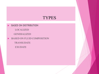  BASED ON DISTRIBUTION
LOCALIZED
GENERALIZED
 BASED ON FLUID COMPOSITION
TRANSUDATE
EXUDATE
TYPES
 