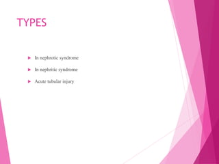 TYPES
 In nephrotic syndrome
 In nephritic syndrome
 Acute tubular injury
 