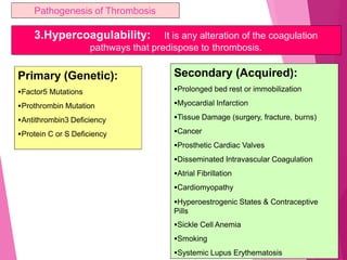 Pathogenesis of Thrombosis
3.Hypercoagulability: It is any alteration of the coagulation
pathways that predispose to thrombosis.
Primary (Genetic):
Factor5 Mutations
Prothrombin Mutation
Antithrombin3 Deficiency
Protein C or S Deficiency
Secondary (Acquired):
Prolonged bed rest or immobilization
Myocardial Infarction
Tissue Damage (surgery, fracture, burns)
Cancer
Prosthetic Cardiac Valves
Disseminated Intravascular Coagulation
Atrial Fibrillation
Cardiomyopathy
Hyperoestrogenic States & Contraceptive
Pills
Sickle Cell Anemia
Smoking
Systemic Lupus Erythematosis
 