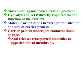 Movement against concentration gradient
 Hydrolysis of ATP directly required for the
function of the carriers.
 Molecule or ion binds to “recognition site” on
one side of carrier protein.
 Carrier protein undergoes conformational
change.
And releases transported molecules to
opposite side of membrane.
 