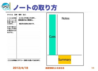 ノートの取り方
                     Notes




             Cues




                    Summary

2012/4/18   高度情報化と社会生活        11
 