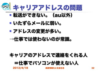 キャリアアドレスの問題
   転送ができない。（au以外）
   いたずらメールに弱い。
   アドレスの変更が多い。
→仕事では使わないのが常識。


キャリアのアドレスで連絡をくれる人
 ＝仕事でパソコンが使えない人
    2012/4/18   高度情報化と社会生活   32
 