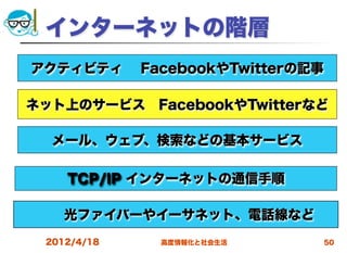 インターネットの階層
アクティビティ  FacebookやTwitterの記事

ネット上のサービス FacebookやTwitterなど

  メール、ウェブ、検索などの基本サービス

    TCP/IP インターネットの通信手順

   光ファイバーやイーサネット、電話線など
 2012/4/18   高度情報化と社会生活        50
 