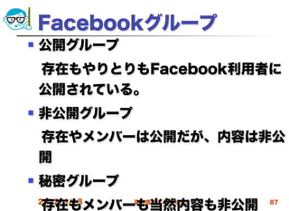 Facebookグループ
   公開グループ
 存在もやりとりもFacebook利用者に
 公開されている。
   非公開グループ
 存在やメンバーは公開だが、内容は非公
 開
   秘密グループ
 存在もメンバーも当然内容も非公開
    2012/4/18   高度情報化と社会生活   87
 