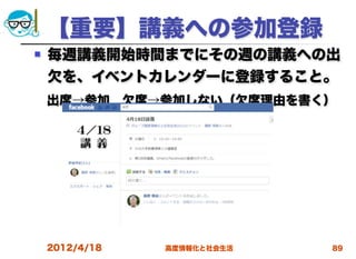 【重要】講義への参加登録
   毎週講義開始時間までにその週の講義への出
    欠を、イベントカレンダーに登録すること。
 出席→参加 欠席→参加しない（欠席理由を書く）




    2012/4/18   高度情報化と社会生活   89
 