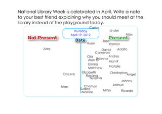 National Library Week is celebrated in April. Write a note
to your best friend explaining why you should meet at the
library instead of the playground today.
                                        Carlos
                            Thursday                Linder
                           April 19, 2012                      Max

                                                 Jose
                                      Ryan           Ramon
           Joey                                 David      Adolfo
                                           Cameron
                                       Gia           Andres
                                            Brianna
                                       Alan G        Alan R
                                       Emma
                                       Matthew       Natalie
                                  Elizabeth           Christopher
                    Cincere           Roxana                     Angel
                                        Nyashia
                                                             Johnny
                                   Christian           Joshua
                   Brian
                                 Sualee          Mitzy
                                  Massire                    Ricardo
 